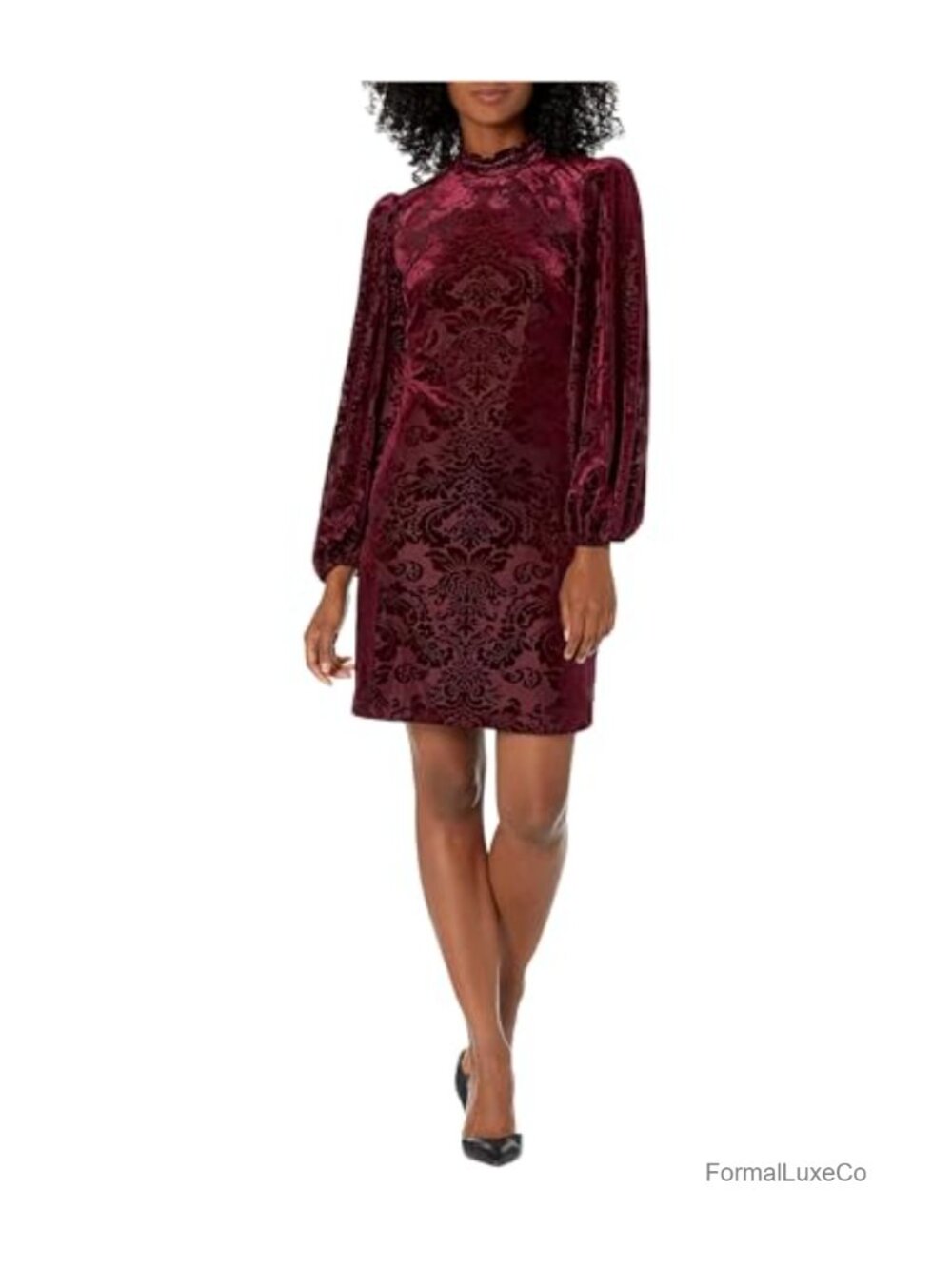Velvet Burnout High Neck Ruffle Voluminous Long Sleeve Shift Dress